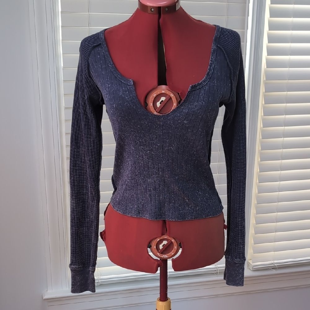 Y2K Full Tilt Indigo Pointelle Thermal Top Grunge Fairy Long Sleeve Blouse L